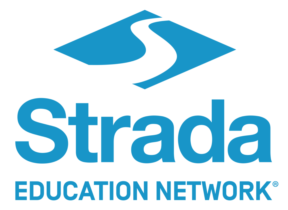 Strada Education Network Logo, blue diamond with a white river running through it and blue title text.